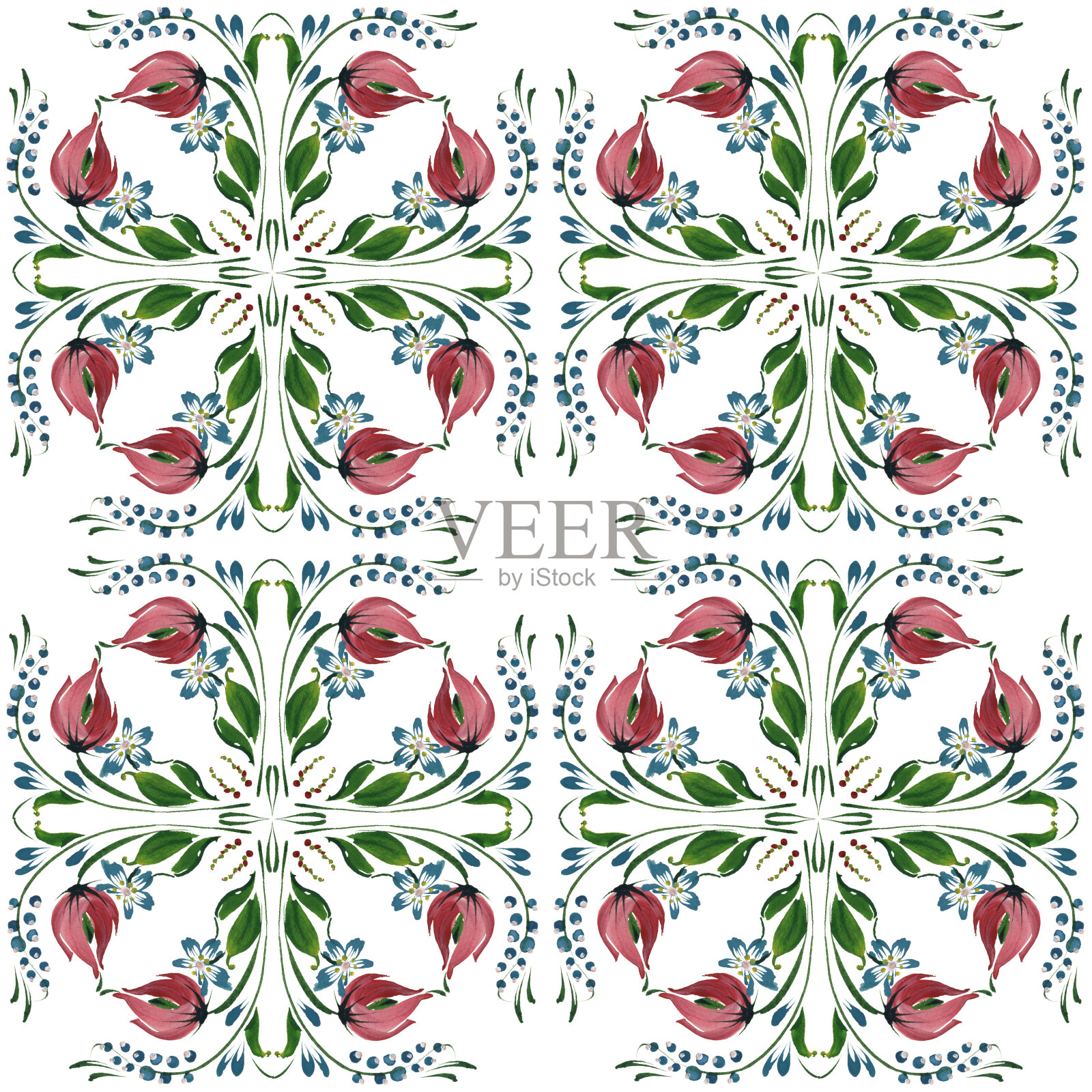 瓷砖花卉图案从手绘红色郁金香花，长春花，蓝莓和绿叶在一个白色的背景。Petrykivka乌克兰传统绘画插画图片素材