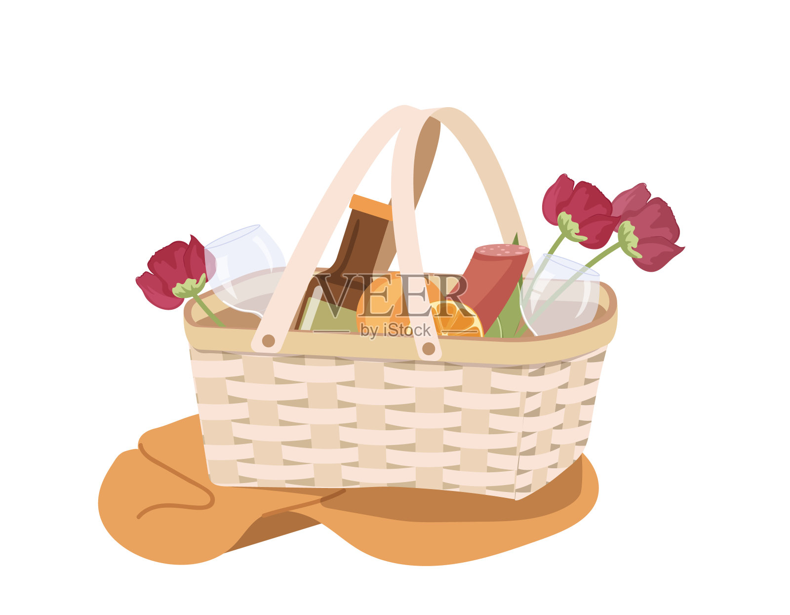 卡通草篮杂货产品和饮料准备的户外派对庆祝活动插画图片素材