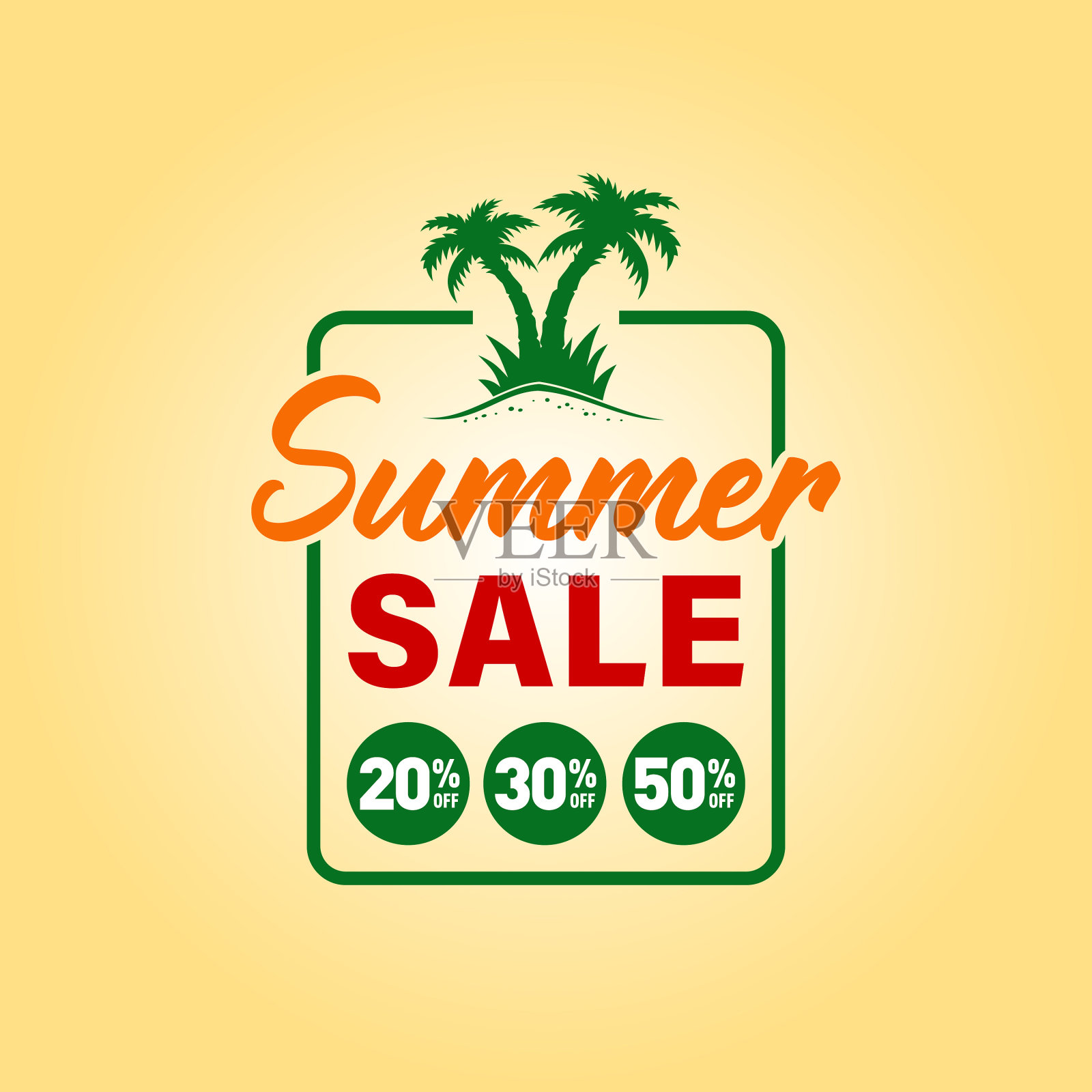夏季销售横幅，标签，徽章，贴纸与棕榈树，折扣百分比和夏季销售字母插画图片素材