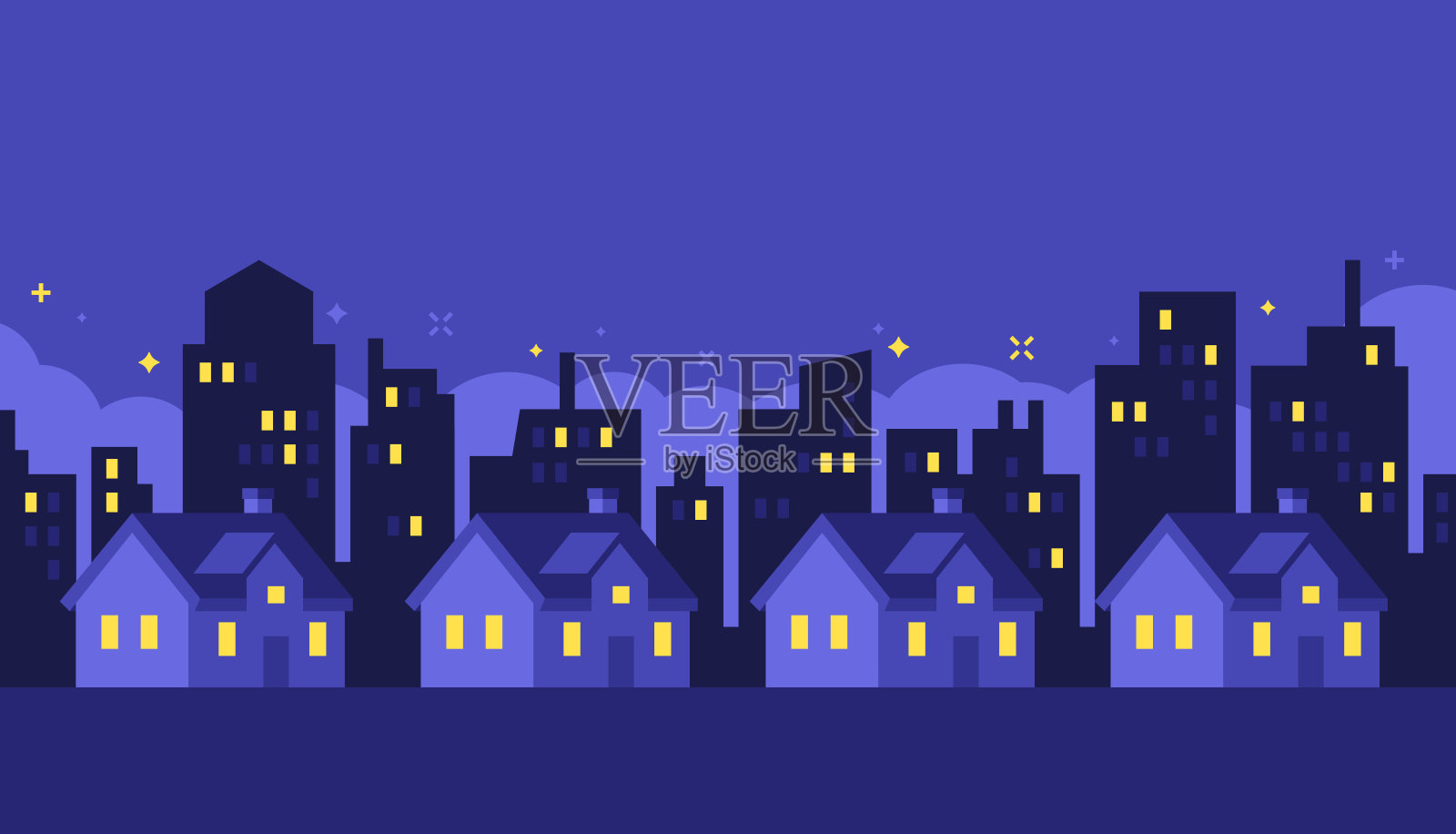 城市摩天大楼夜间邻里社区天际线现代插画图片素材