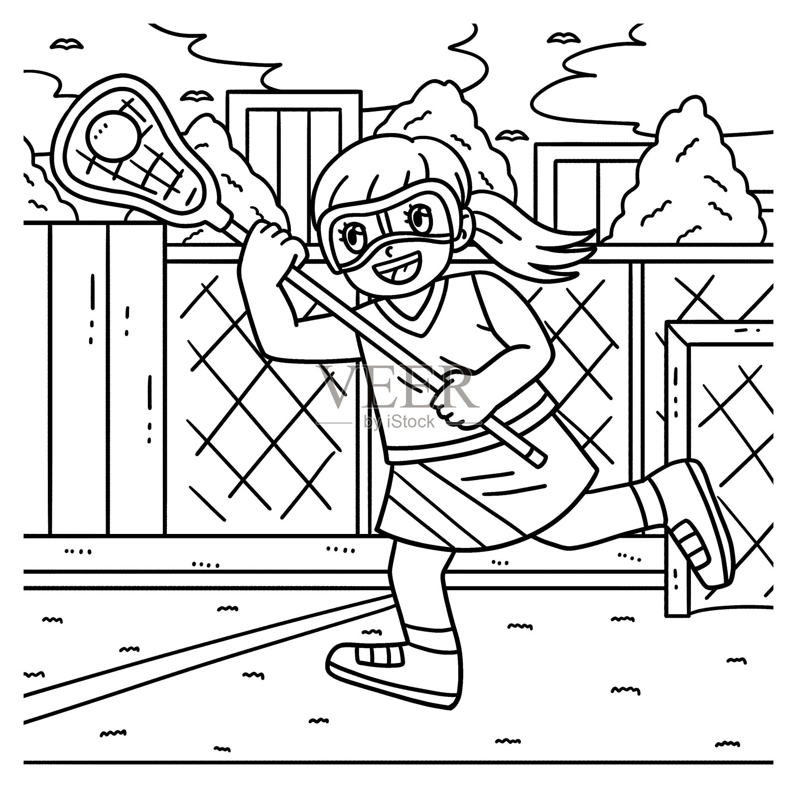 女球员接长曲棍球着色页插画图片素材