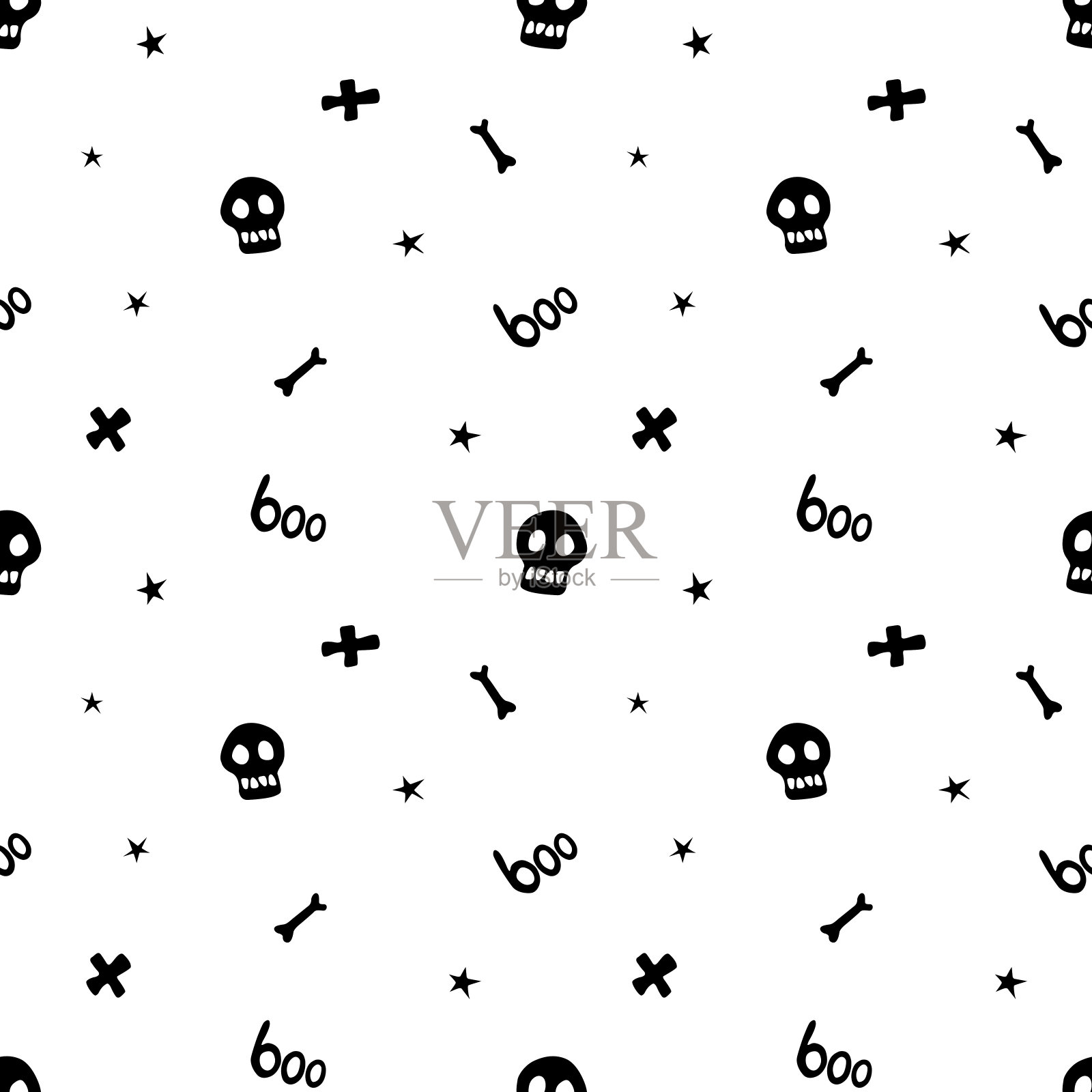 万圣节无缝图案的骨头，头骨，其他节日死亡的象征。矢量插图，包装纸，背景和纹理在平面涂鸦风格，孤立。插画图片素材