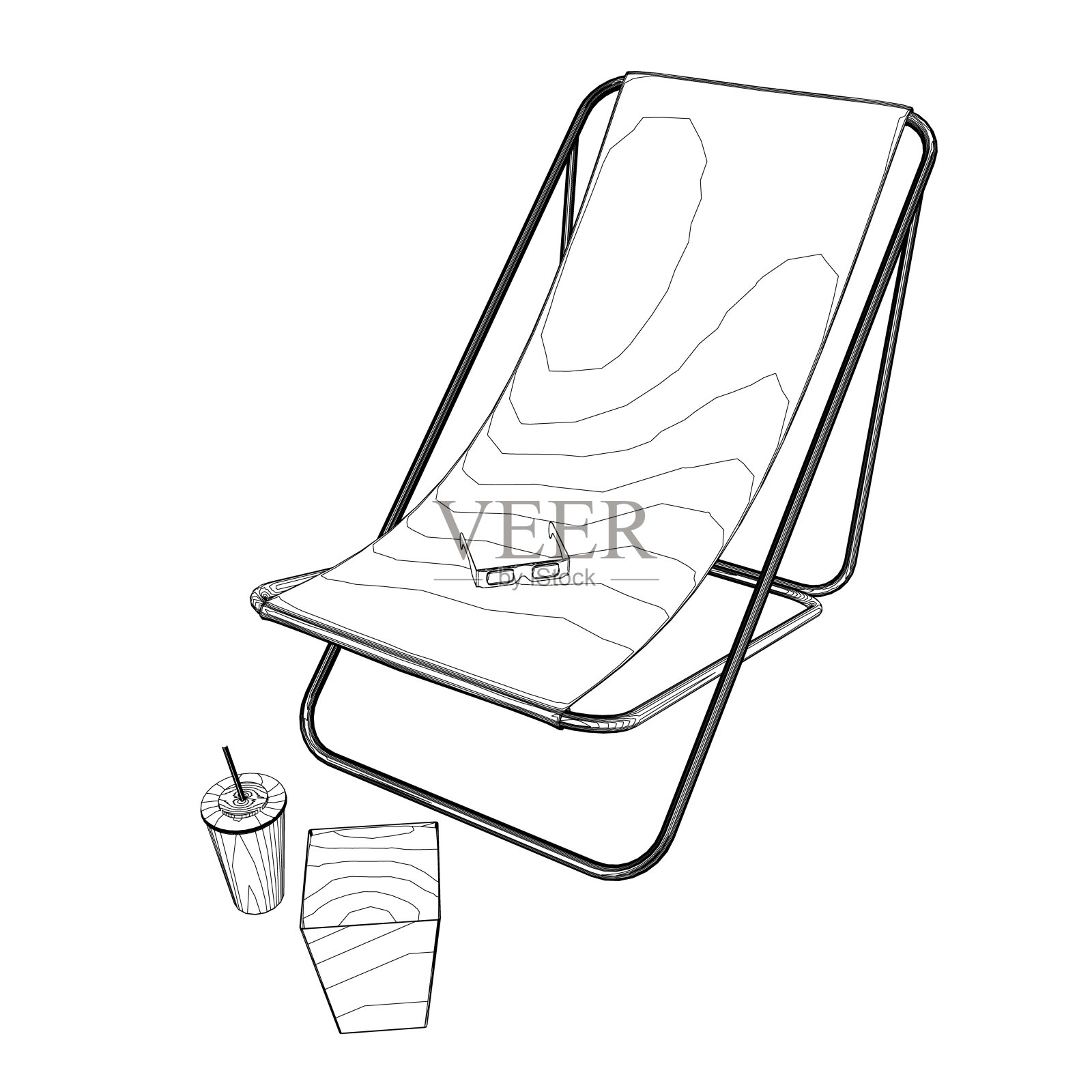 一张折叠沙滩椅的轮廓，里面有一包爆米花，一杯苏打水和电影眼镜。矢量插图。插画图片素材