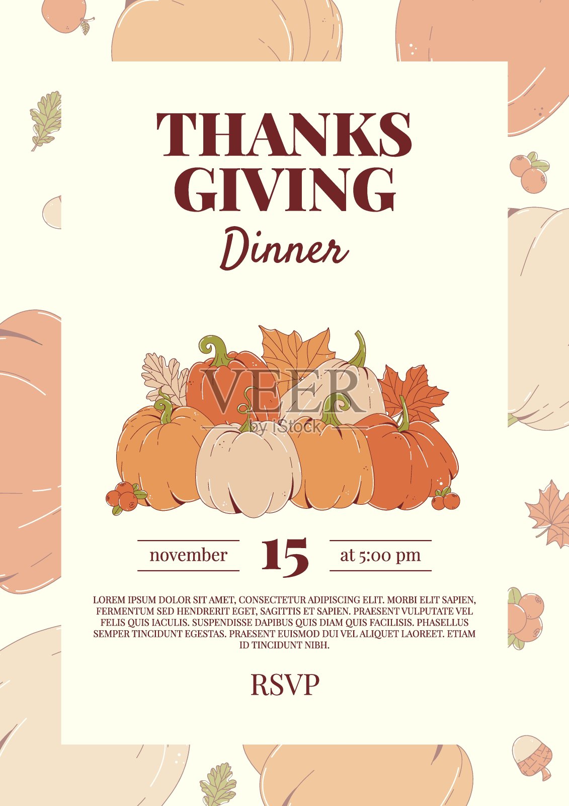 感恩节晚餐海报。有南瓜和落叶的节日请柬。矢量插图。插画图片素材