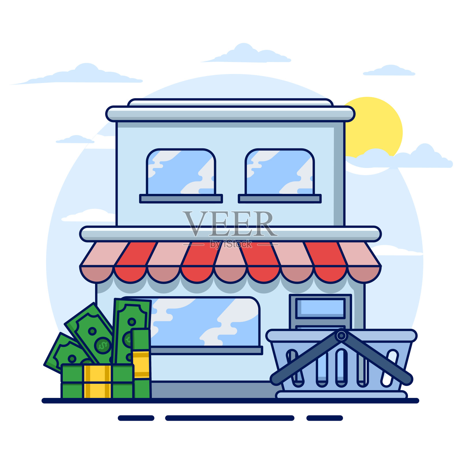 商店的概念。商店图标，商店前视图与购物袋和钱的平面设计。钱，购物袋。杂货店，超市有不同的食品。适用于各种用途。插画图片素材