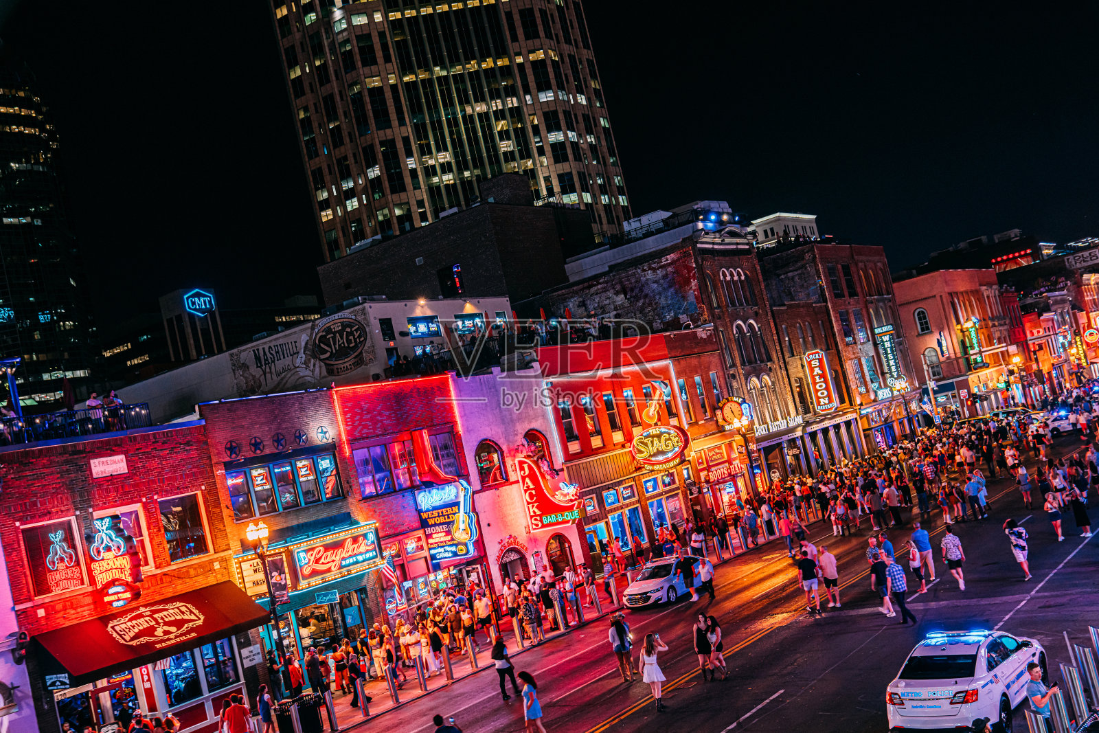 游客走在百老汇，纳什维尔市中心，田纳西州的高架视图照片摄影图片