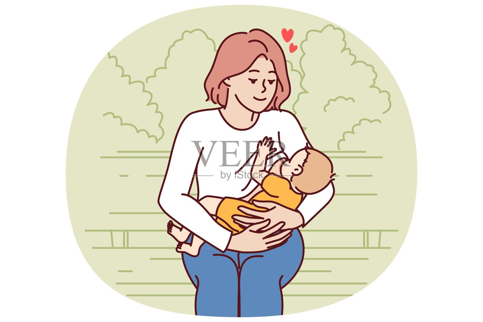 慈爱的母亲正在给孩子喂奶，坐在公园的长椅上深情地看着孩子插画图片素材