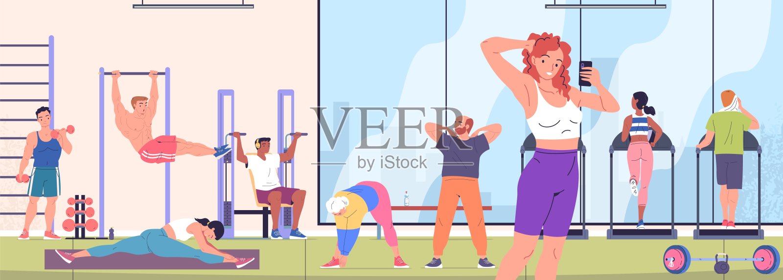 人们在健身房内部锻炼。男子女子运动员健身训练运动俱乐部的房间，柔韧性锻炼哑铃或跑步机的重量，经典的矢量插图插画图片素材