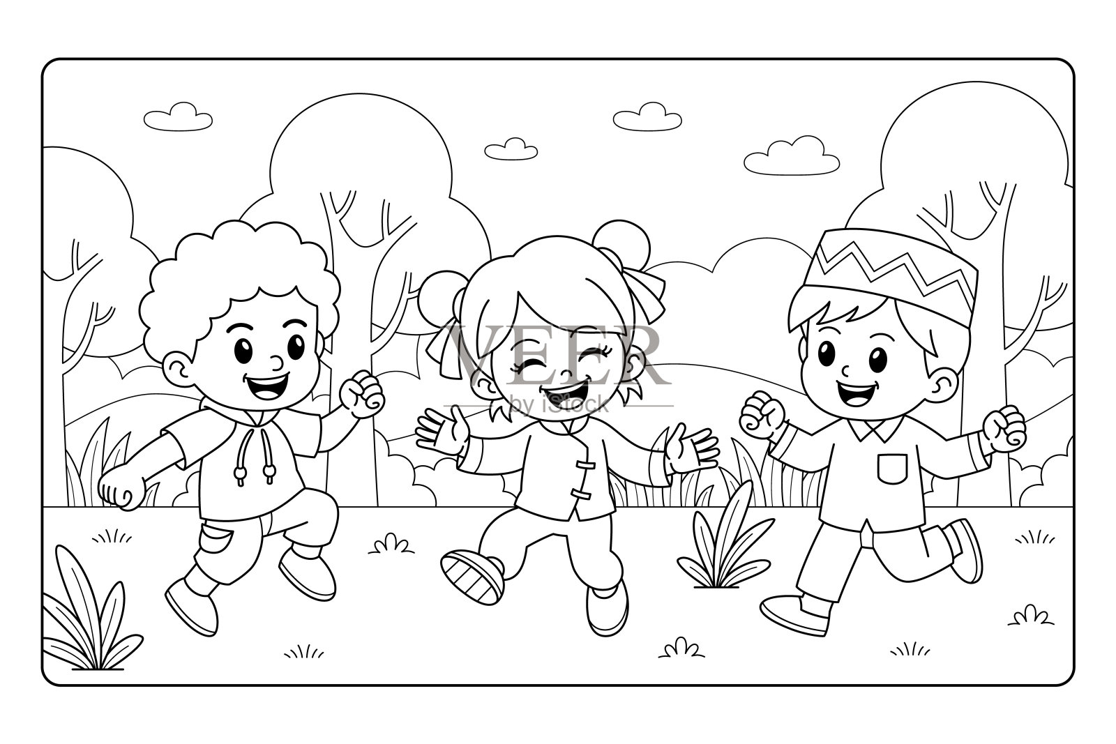 快乐友谊儿童卡通涂色页BW插画图片素材