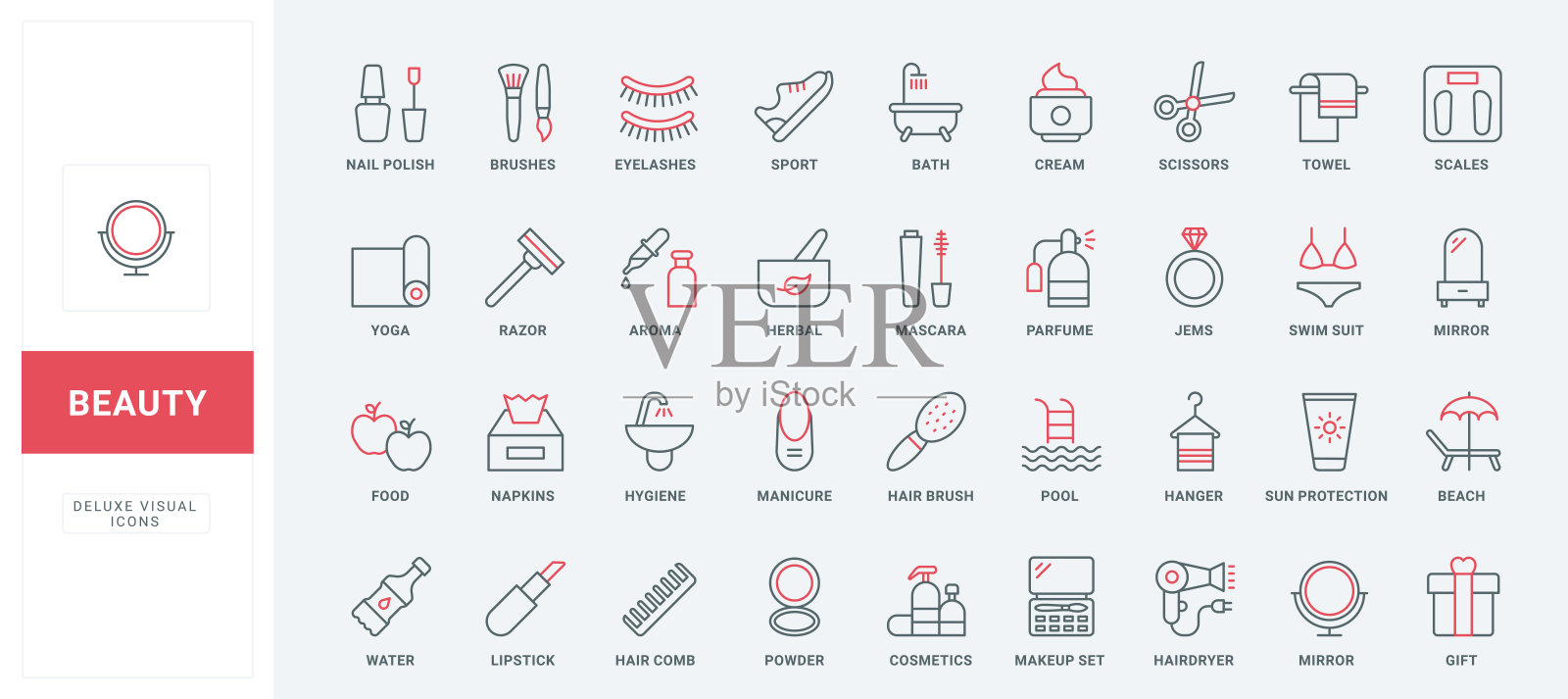 美容化妆品和化妆，配件套件的沙龙或家庭护理线图标集插画图片素材