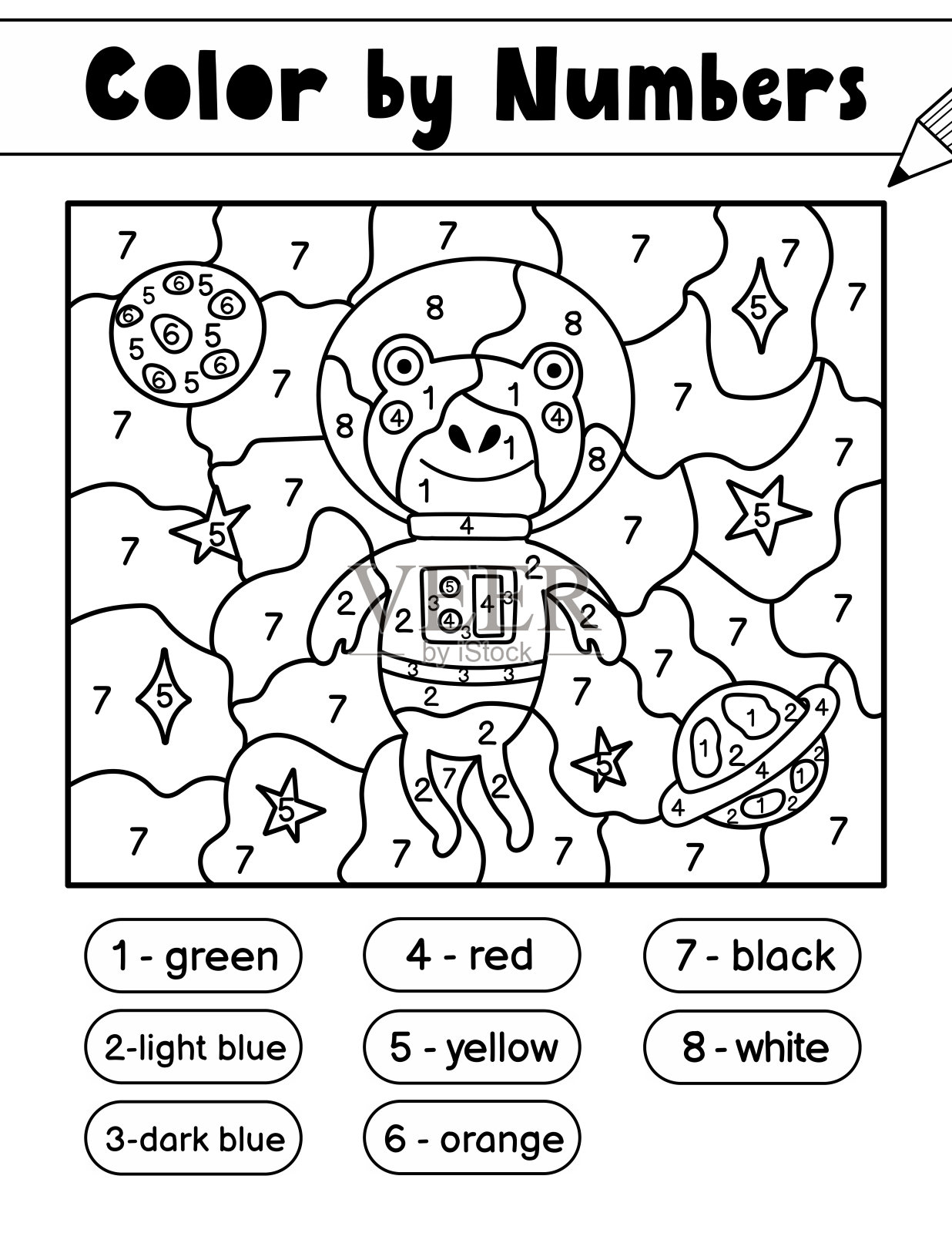儿童颜色数字游戏。有青蛙宇航员的太空着色页插画图片素材