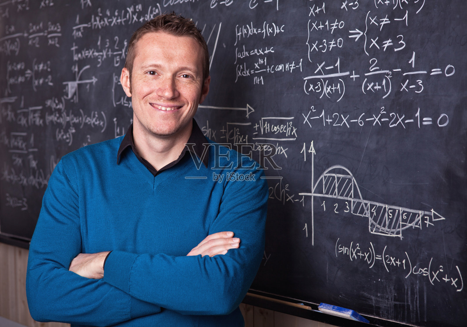 对着黑板微笑的人的肖像照片摄影图片