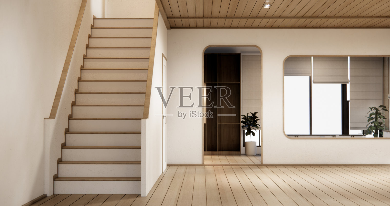 现代房间里的楼梯是木制的，白色的墙壁采用木墙设计。照片摄影图片