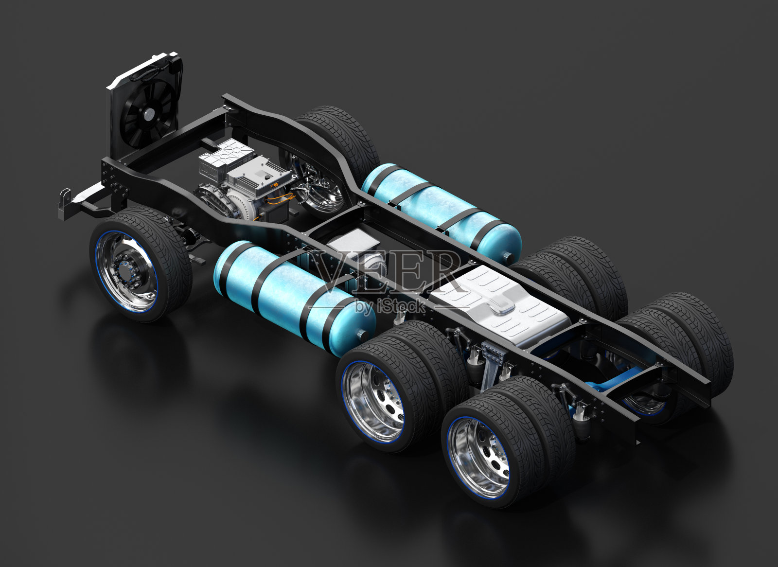 黑色背景的FCV半卡车底盘等距视图照片摄影图片