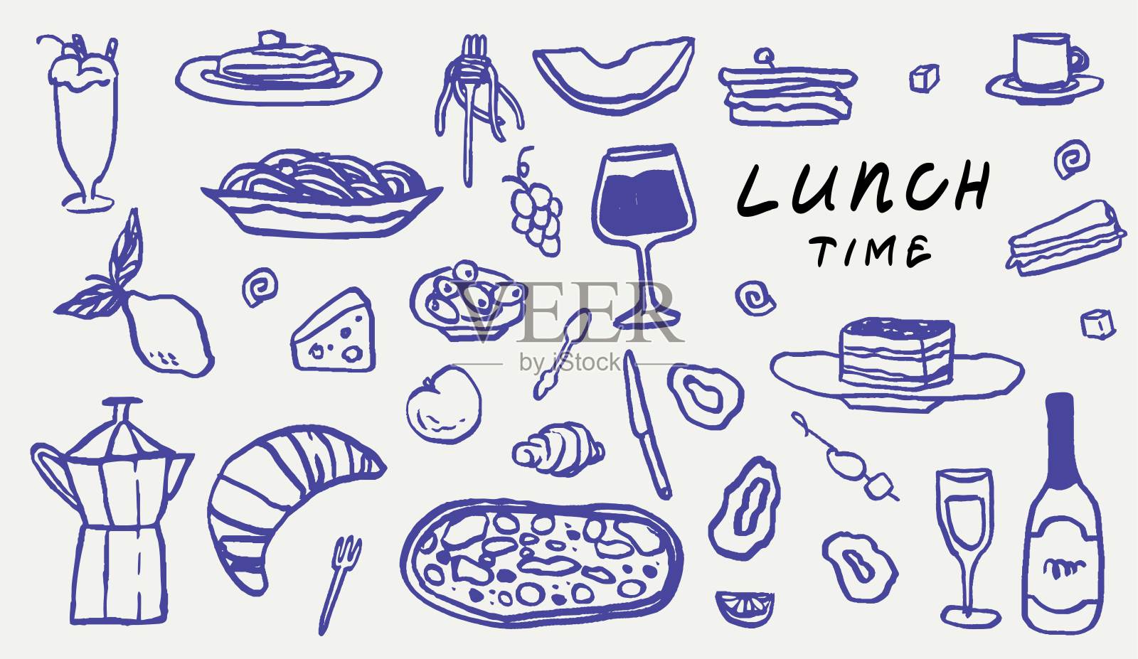 手绘蜡笔食物插图。速写风格的早餐，午餐图标。矢量酒杯，羊角面包，意大利面和插图的邀请，菜单和聚会。意大利风格的甜蜜生活。插画图片素材