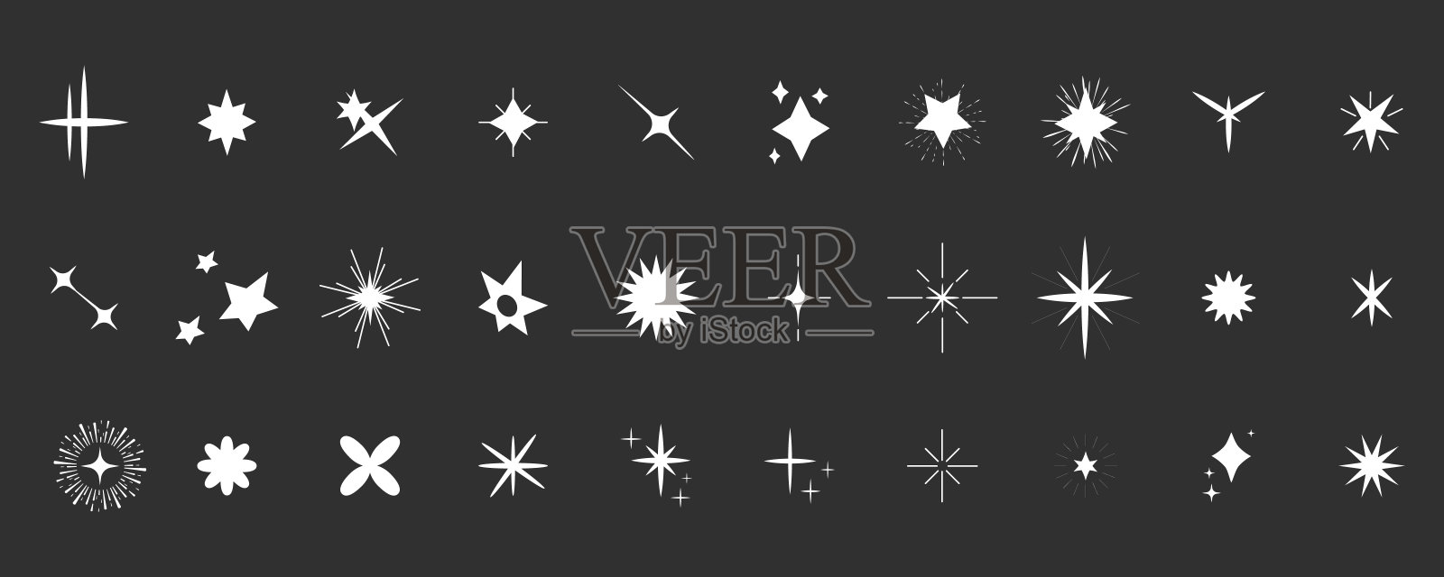 设置金色闪耀闪耀图标眩光，光，闪烁星最小形状，爆发和射线金色装饰。闪烁魔术漫画在黑暗的背景下孤立发光。矢量图插画图片素材