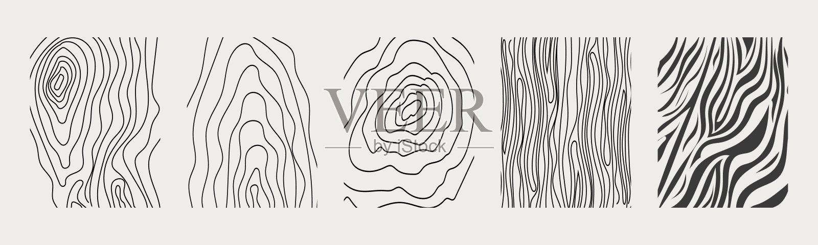 木材纹理材质手绘线条涂鸦。树干几何曲线和波浪轮廓。戒指和圆圈…插画图片素材