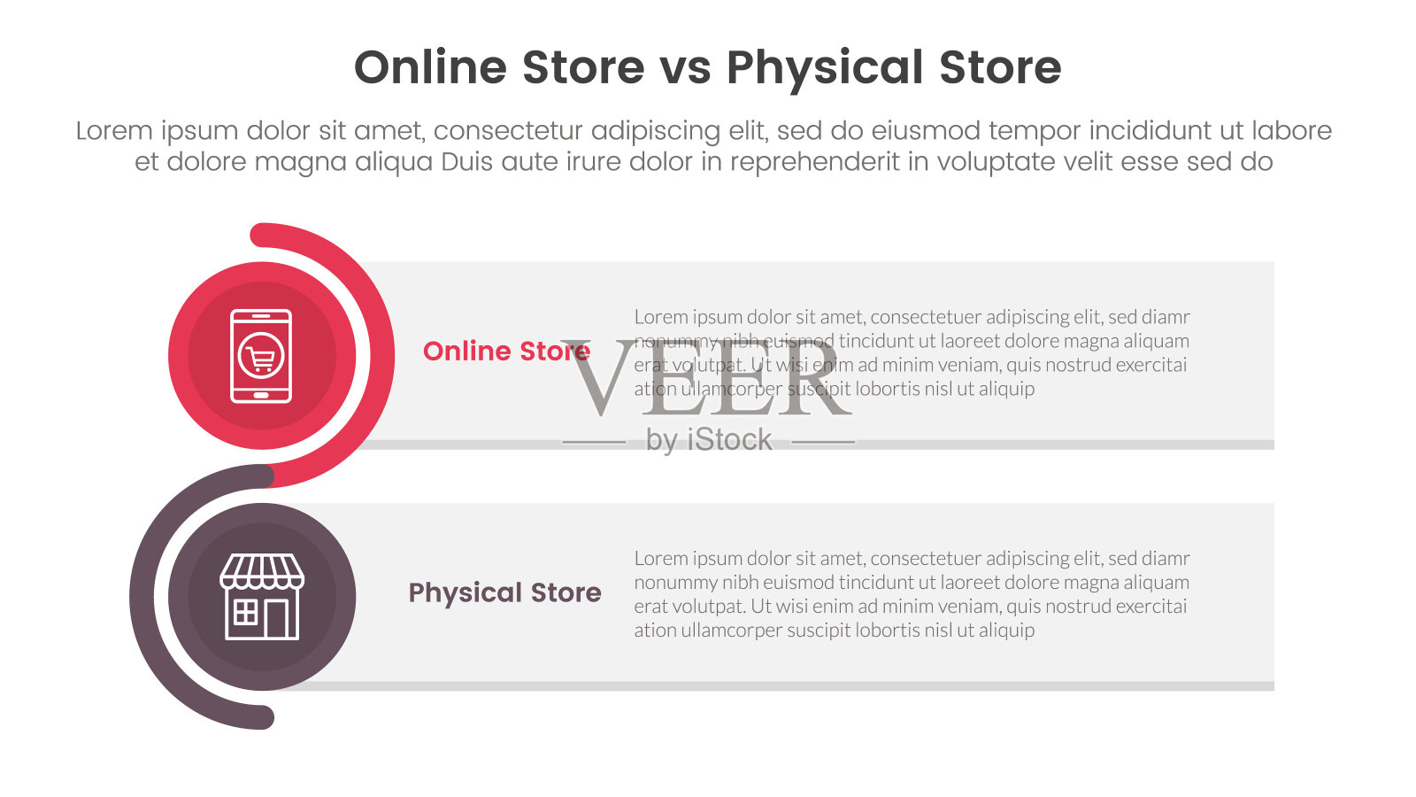 网上商店与实体店或实体店比较概念的信息图表模板横幅与矩形框堆栈和圆形波浪与两点列表信息插画图片素材