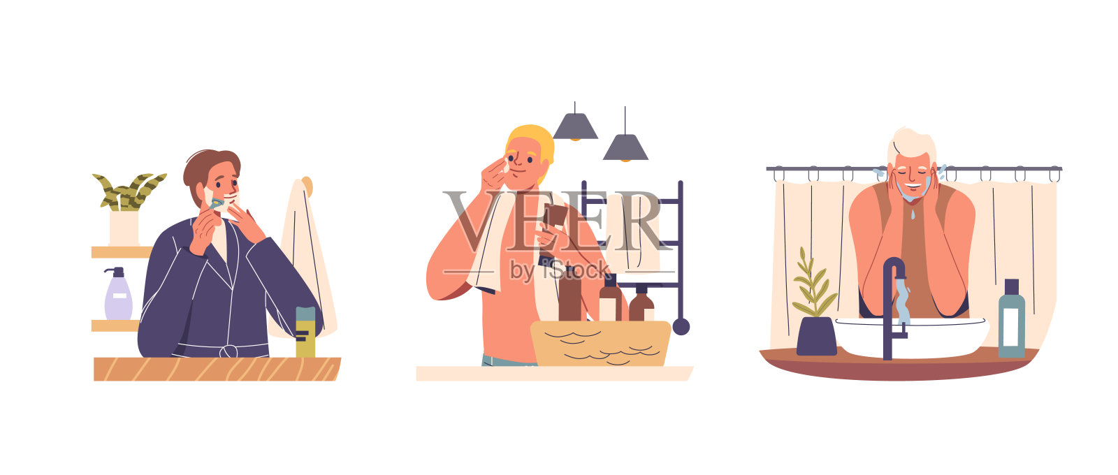 卡通男人在浴室里做护肤程序。矢量图像描绘了各种面部护理实践插画图片素材