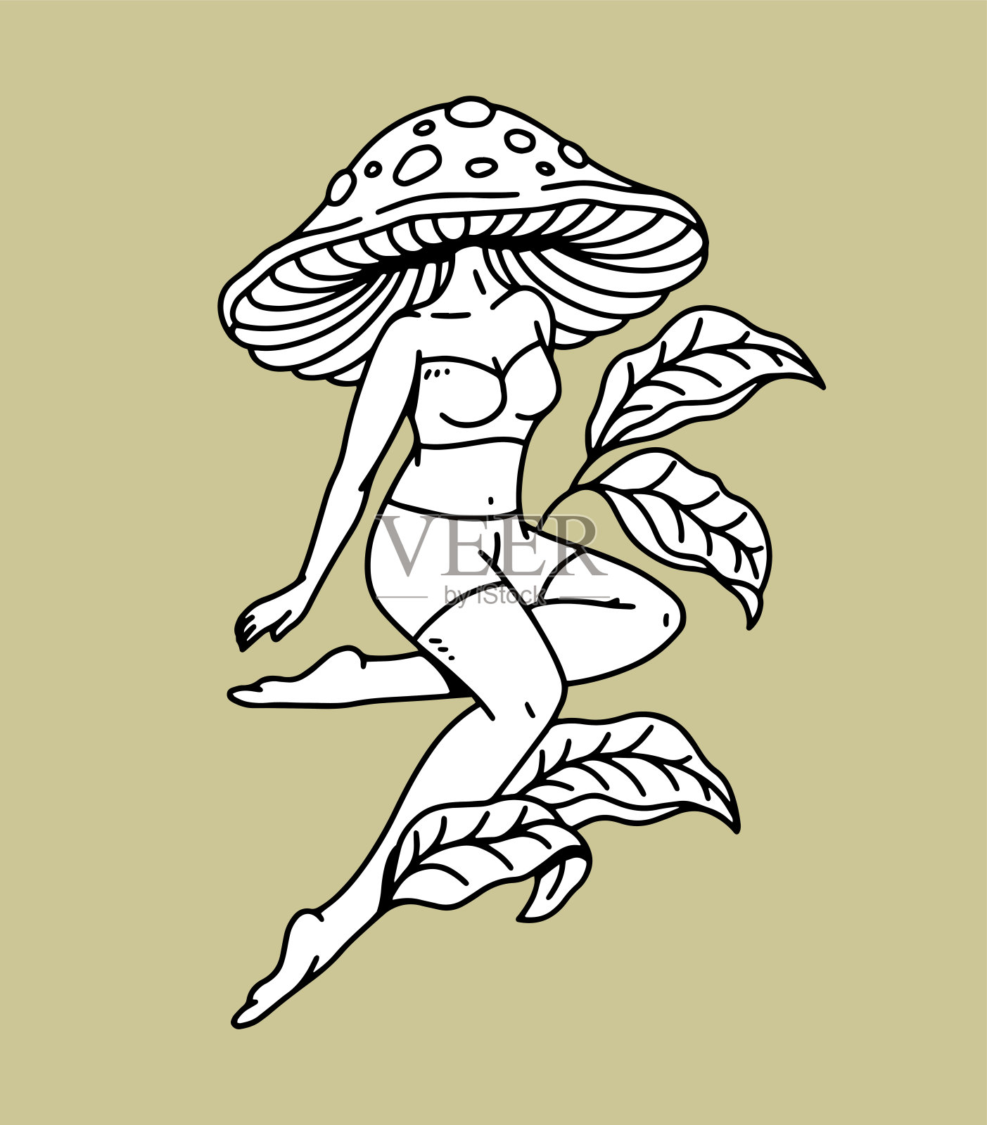 人物和蘑菇的奇幻插图，绘画，墨水，线条艺术插画图片素材