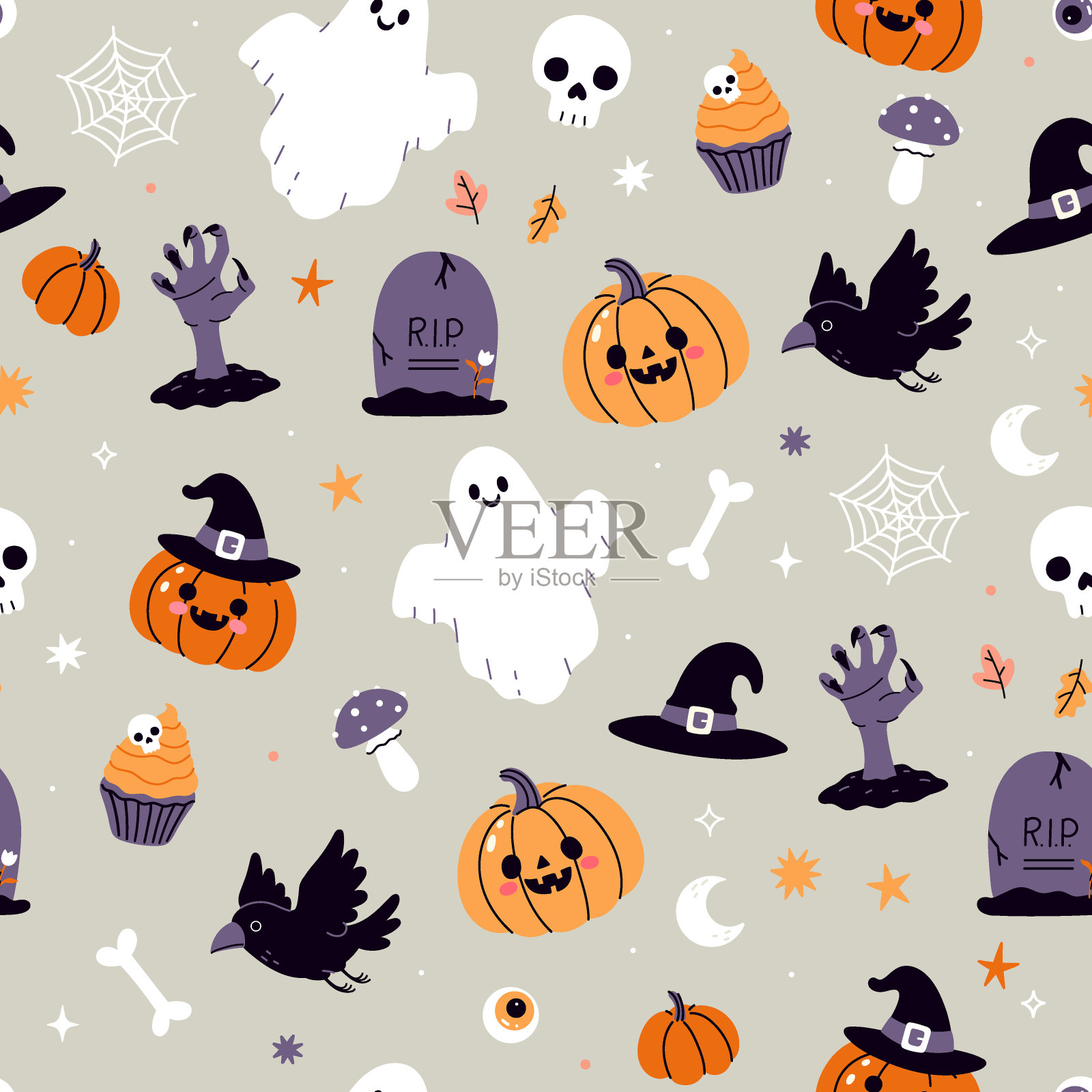 无缝图案与可爱的万圣节物品。矢量图形。插画图片素材
