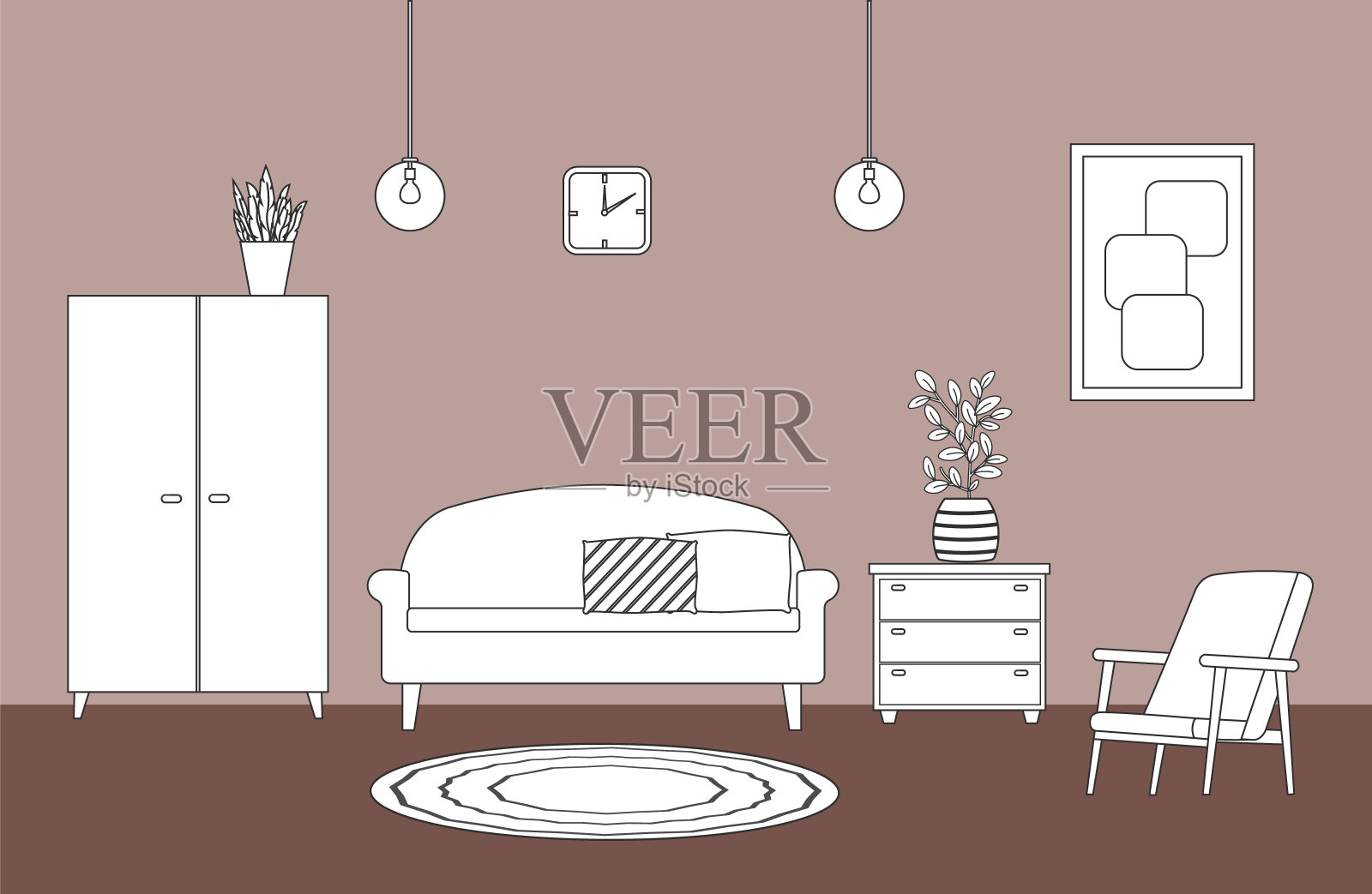 客厅家具的线性草图。室内物品。插画图片素材