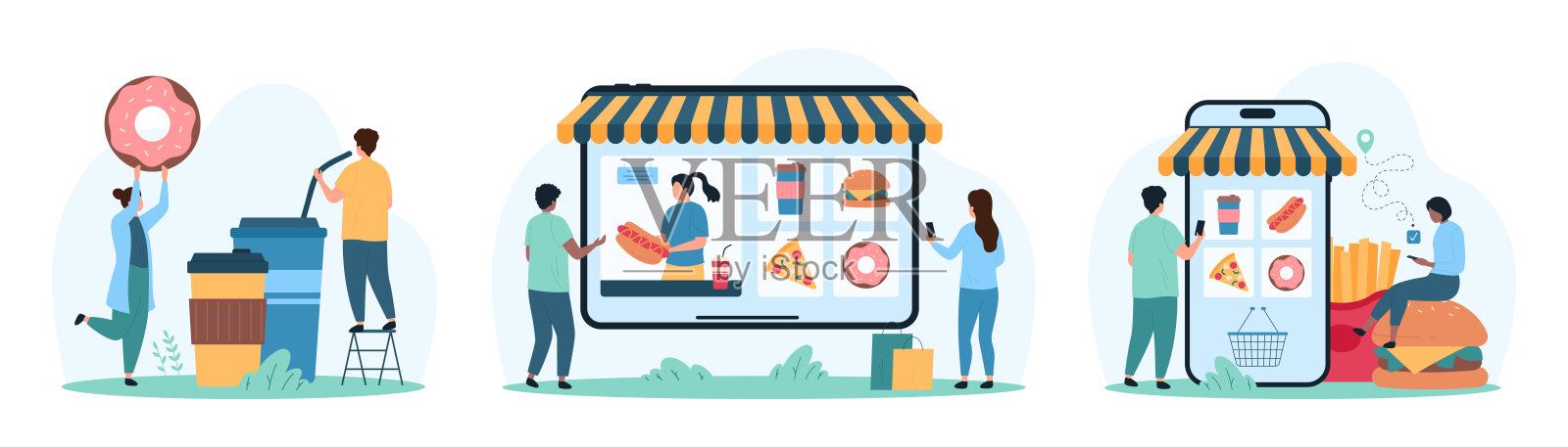 快餐在手机app上下单和送餐，小人在手机屏幕上选择零食插画图片素材