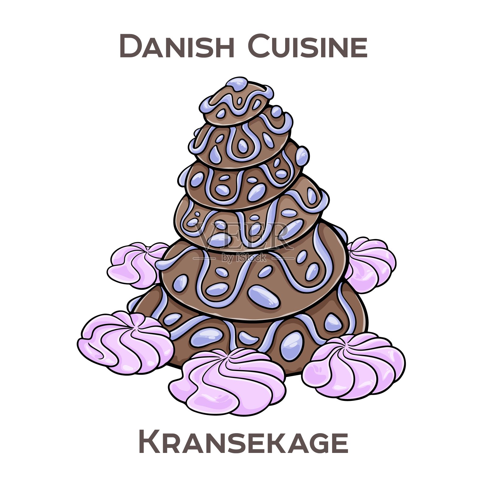 Kransekage是一种传统的丹麦庆祝塔状蛋糕，由堆叠的杏仁蛋白软糖环制成，通常用白色糖霜装饰，通常在新年前夜，婚礼和其他特殊场合食用。插画图片素材