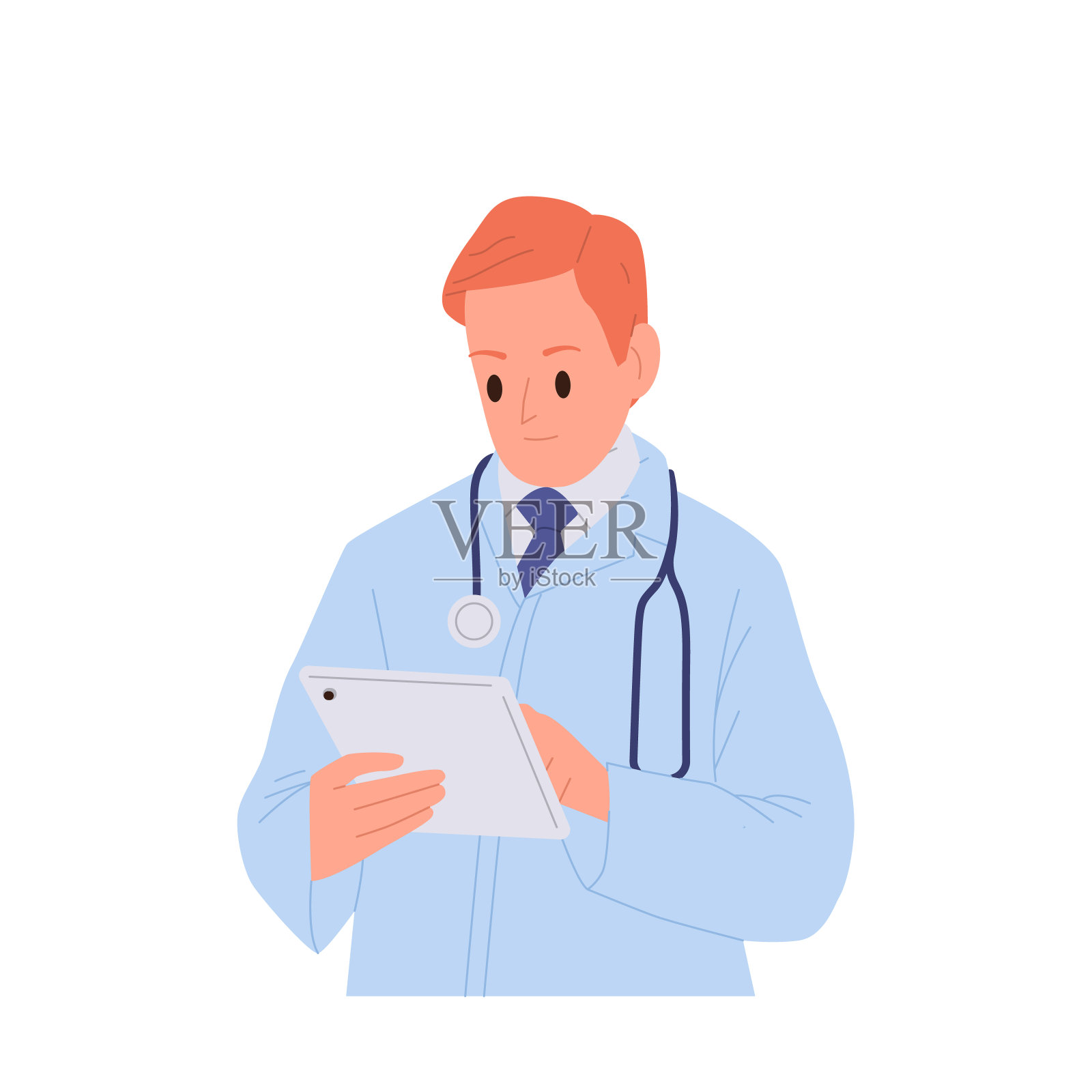 医生字符使用移动平板电脑检查病人档案医疗卡矢量插图插画图片素材