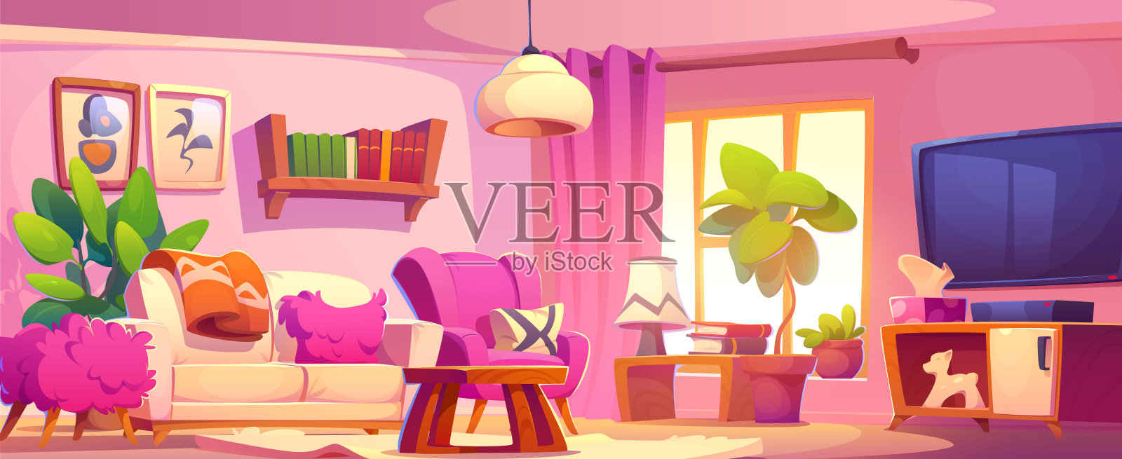 房间内部设计有沙发和窗户插画图片素材