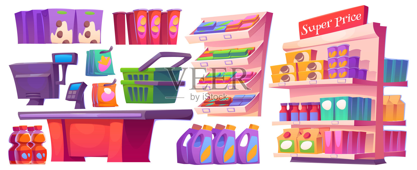 杂货店超市室内家具卡通套装插画图片素材