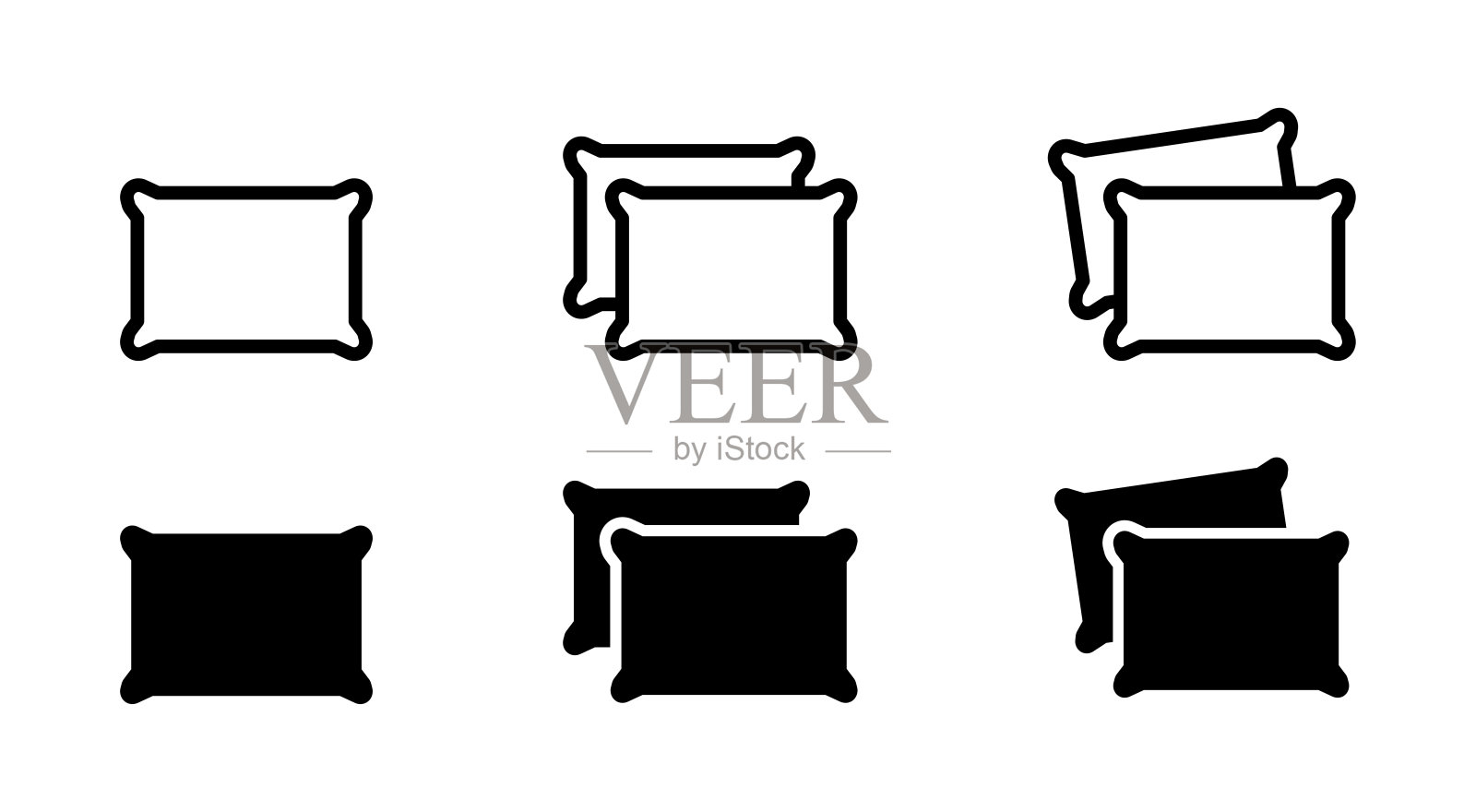 枕头图标集。放松的象征。清洁床单矢量插图。打个盹。柔软舒适的枕头简单的线条和黑色象形文字设置。插画图片素材