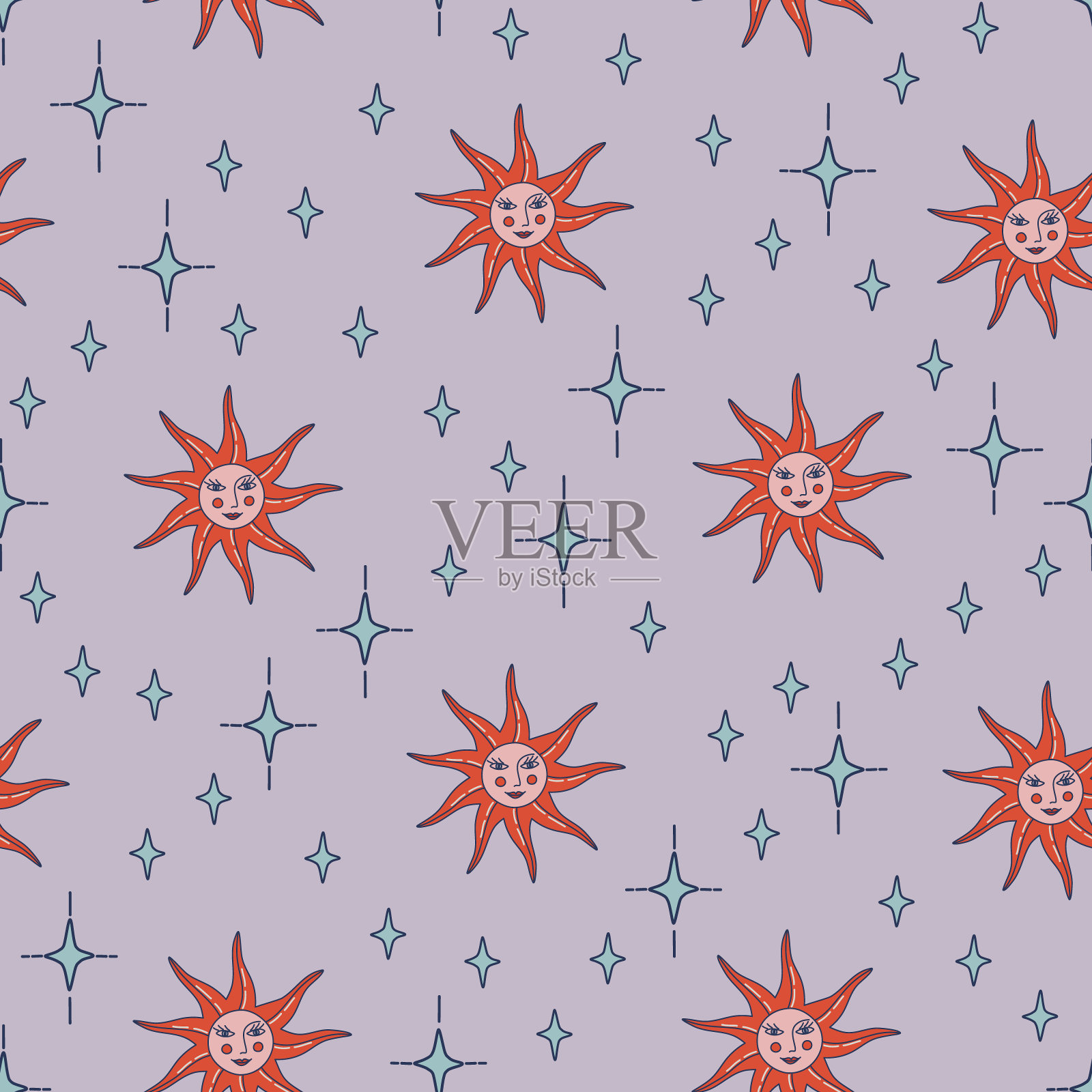 太阳和星星无缝复古图案。复古的设计背景与神秘的太阳和星星在紫色的背景。占星菱形装饰。手绘矢量插图。插画图片素材