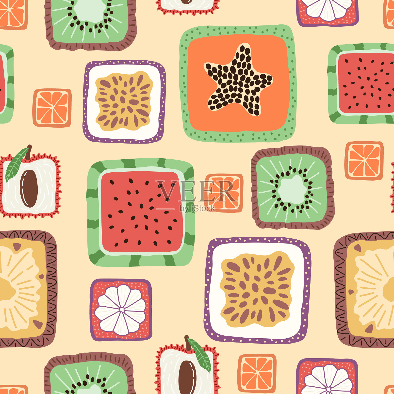 彩色方形水果矢量无缝图案插画图片素材