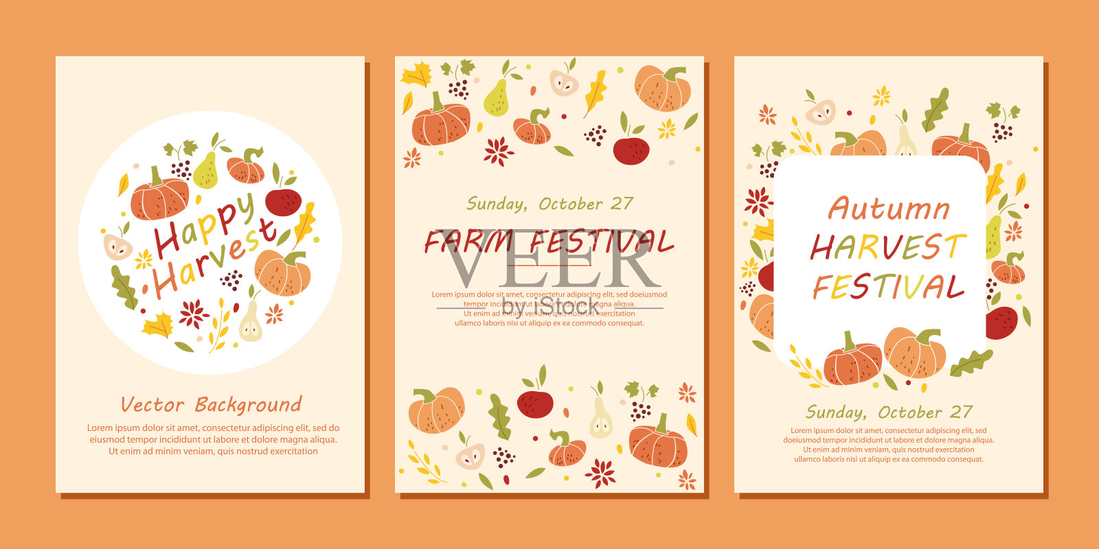 丰收节海报套装。秋天季节模板与蔬菜，水果和树叶在秋天的颜色。矢量插图完美印刷，传单，横幅，邀请，促销。插画图片素材