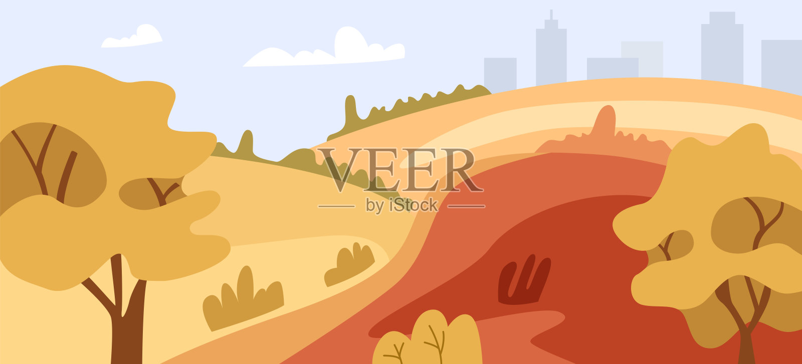 有树、有山的秋景。城市背景下的秋天公园。平面矢量插图。插画图片素材