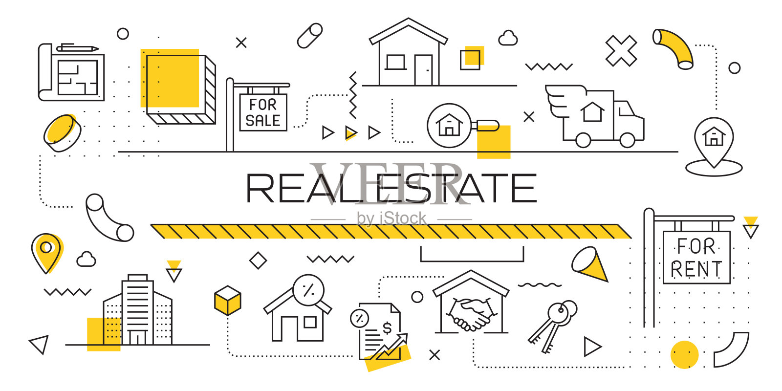 房地产相关的线条风格横幅设计的网页，标题，小册子，年度报告和书籍封面插画图片素材