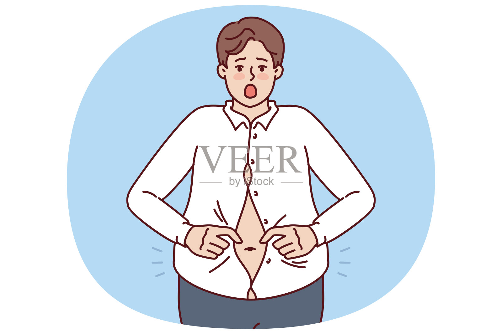 一个大肚子的胖子正努力扣紧小衬衫，为自己超重而兴奋不已插画图片素材