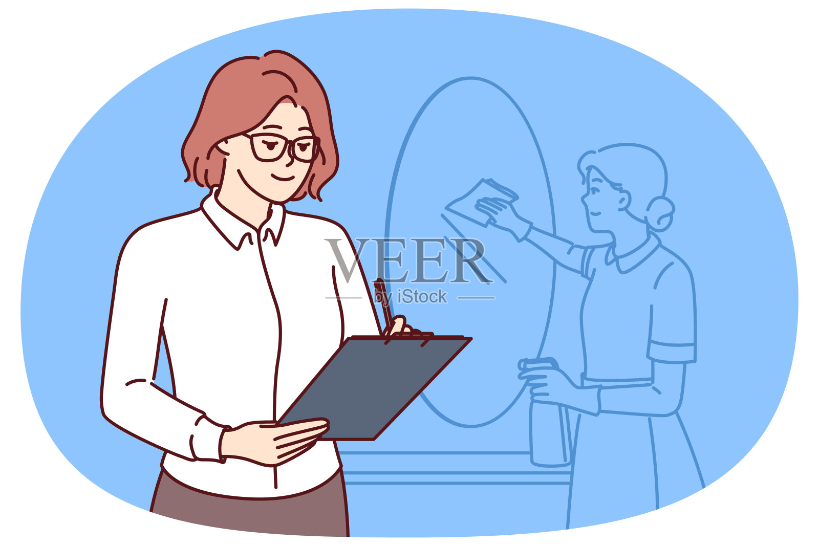 客房服务主管拿着剪贴板监督女佣清洁酒店房间插画图片素材