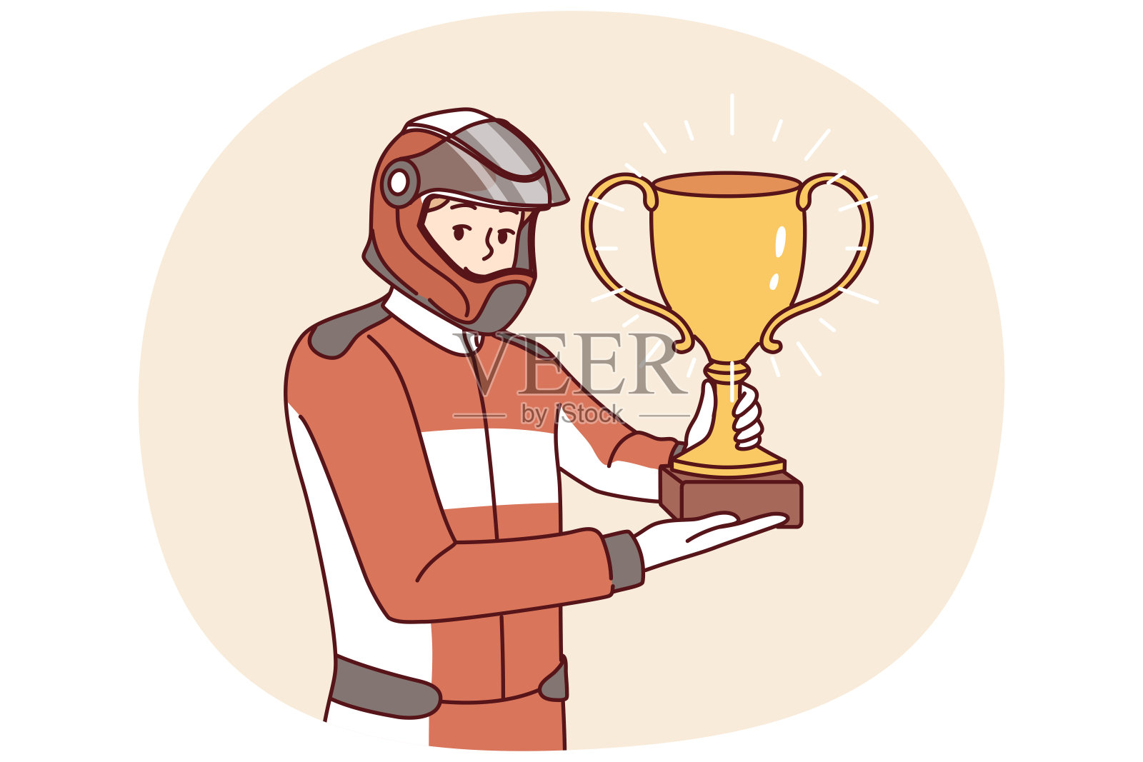 获得金杯的男子赛车手在获得冠军头衔时欢欣鼓舞插画图片素材