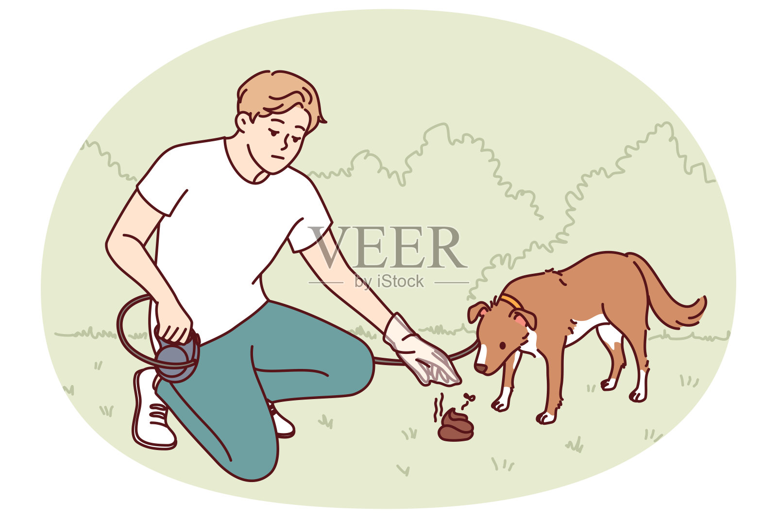 遛狗的人把自己小狗的粪便放在塑料袋里，以免污染公园。插画图片素材