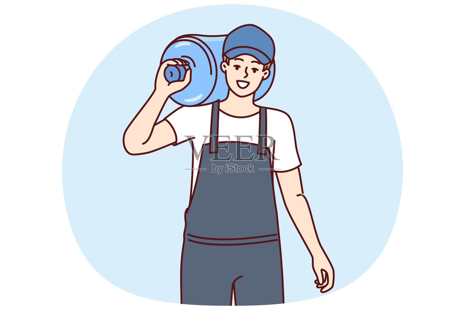 往办公室送饮用水的男搬运工肩上有一瓶用于冷却器的水插画图片素材