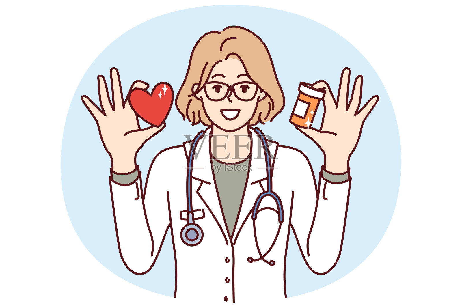 女医生手持心脏模型和药物，治疗心脏疾病插画图片素材