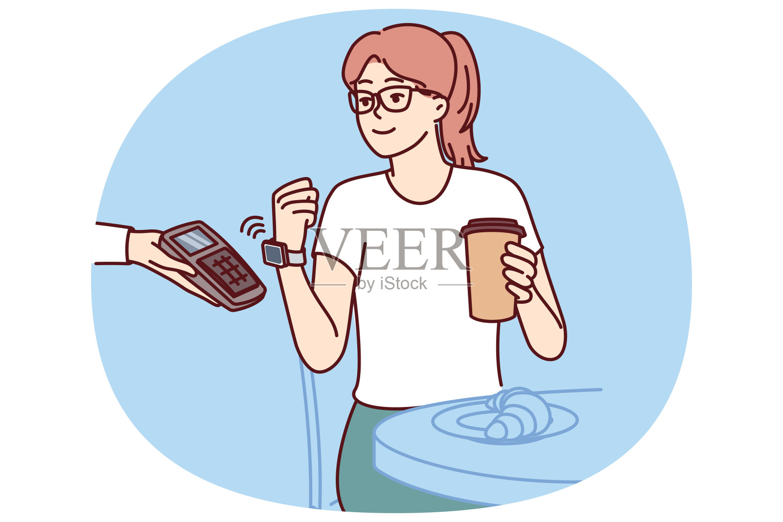 女士用智能手表付款，将带有NFC芯片的小工具应用到服务员手中的POS终端插画图片素材