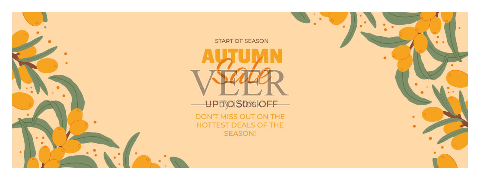 沙棘秋季销售促销横幅，装饰以秋天为主题的橙色浆果和绿叶的插图在一个精致的米色背景。时尚和简约的风格突出了我们的季节性折扣。插画图片素材