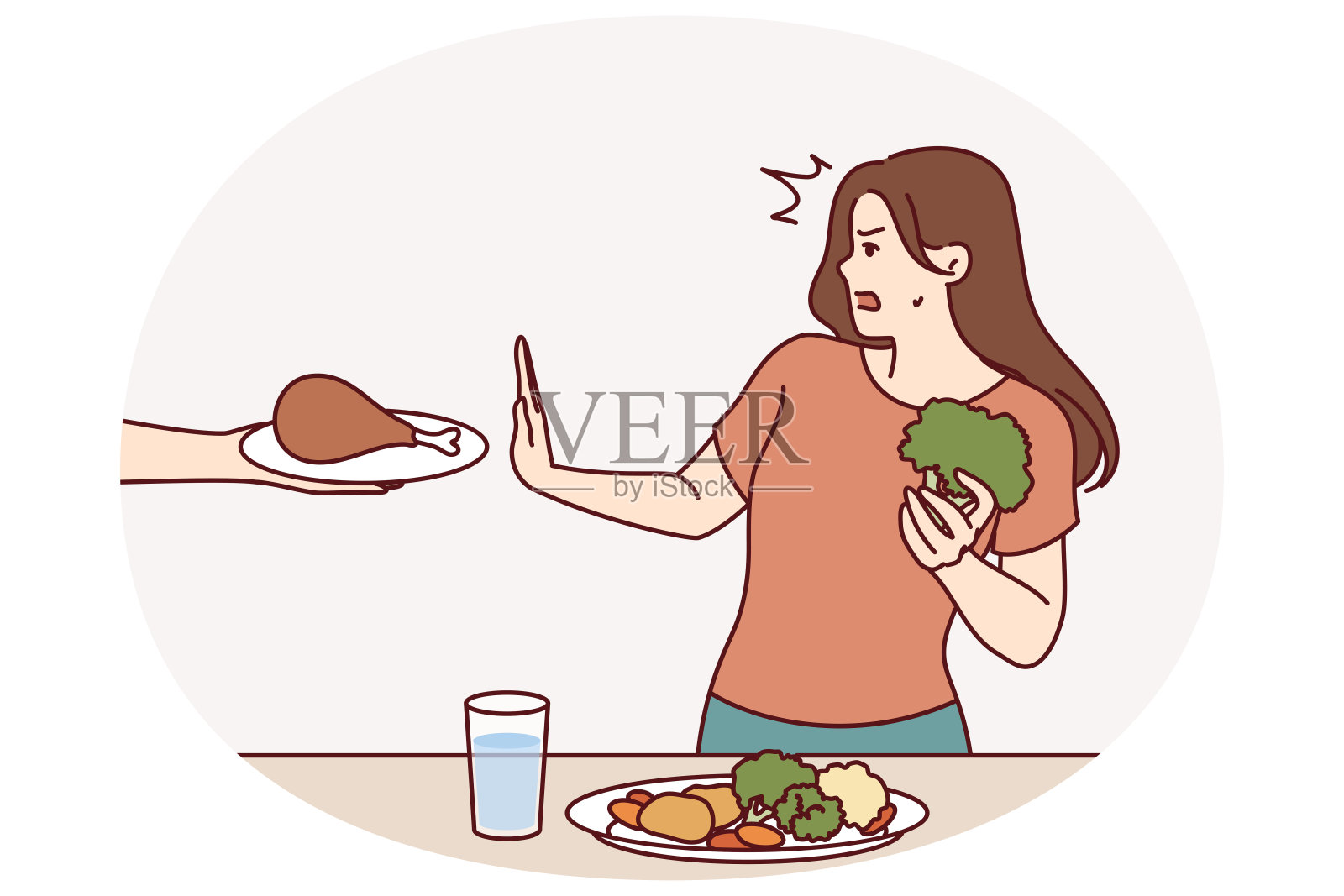 素食女性拒绝吃肉，在吃新鲜蔬菜时害怕地做出停止的手势插画图片素材