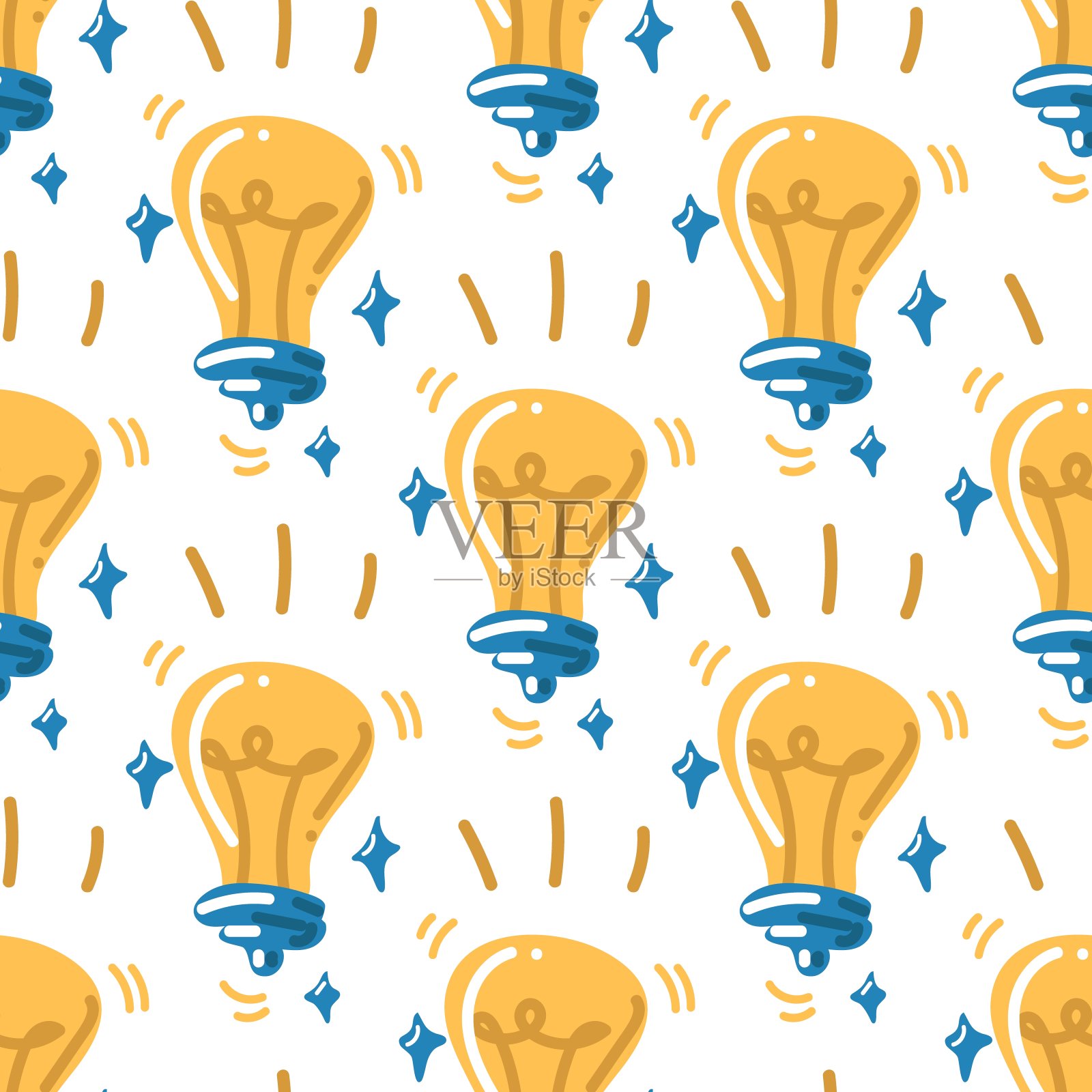 无缝灯泡图案作为卡通风格的想法在白色背景。矢量插图的学校。回到学校。可爱，明亮的纹理印刷的想法主题插画图片素材
