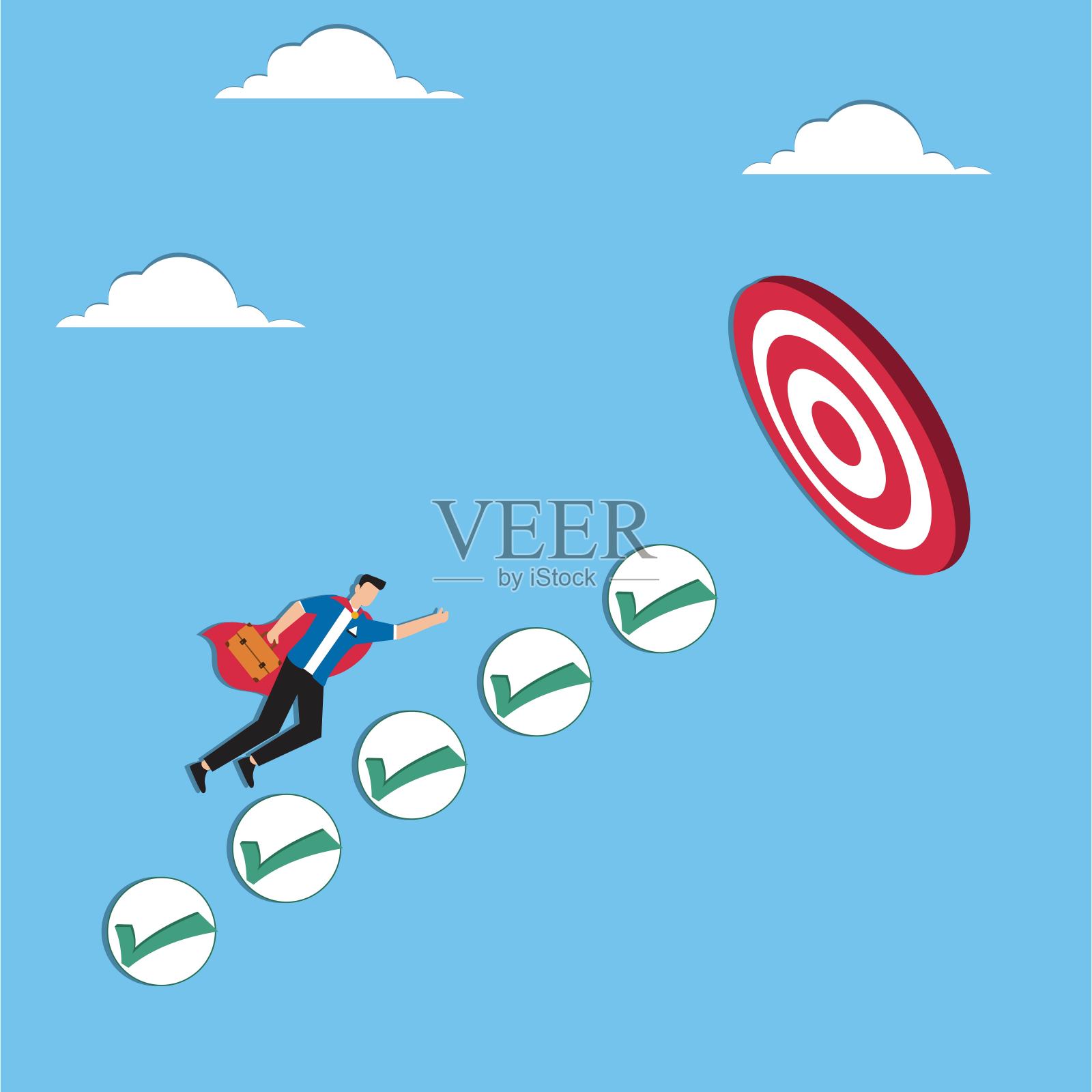 完成工作并实现目标，责任，努力，生产力或效率完成项目，挑战成功的概念，商人超级英雄完成任务清单以实现工作目标插画图片素材