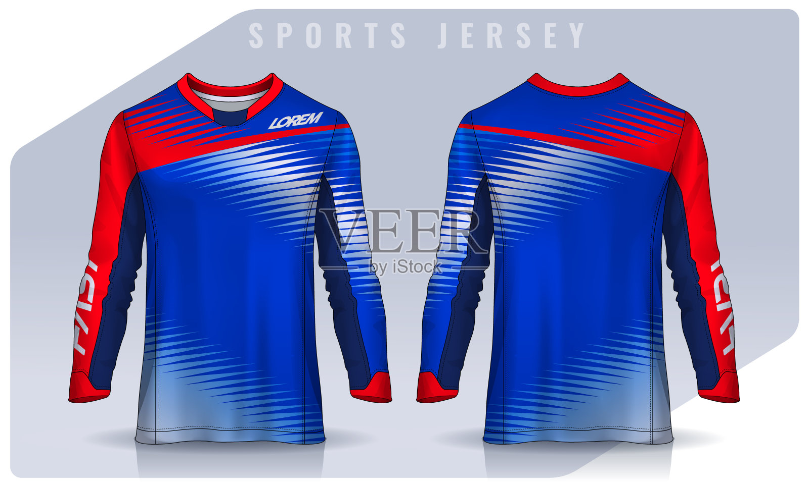 t恤运动设计模板，长袖足球球衣模型为足球俱乐部。统一的前后视图，摩托车越野运动衫。插画图片素材