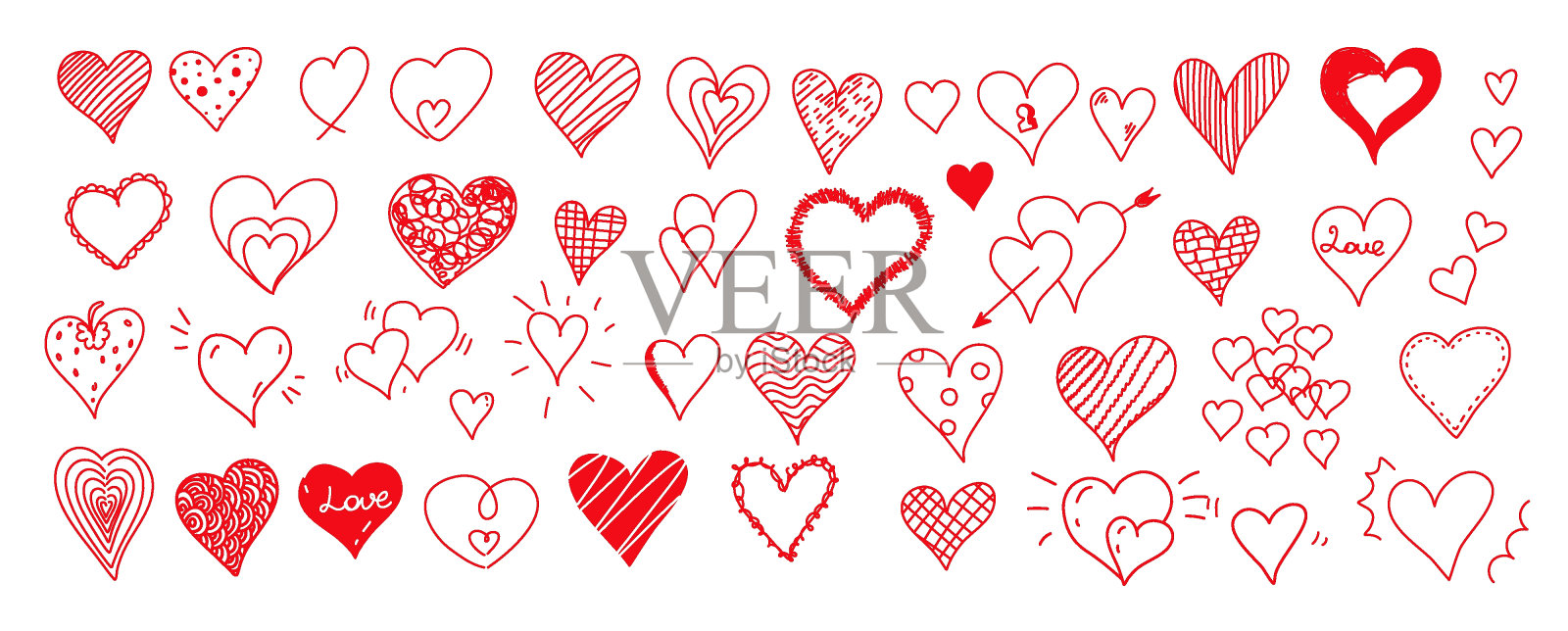 手绘矢量心脏集合与可编辑的笔画，易于使用。所有的元素都分组了。浪漫的爱情象征插画图片素材